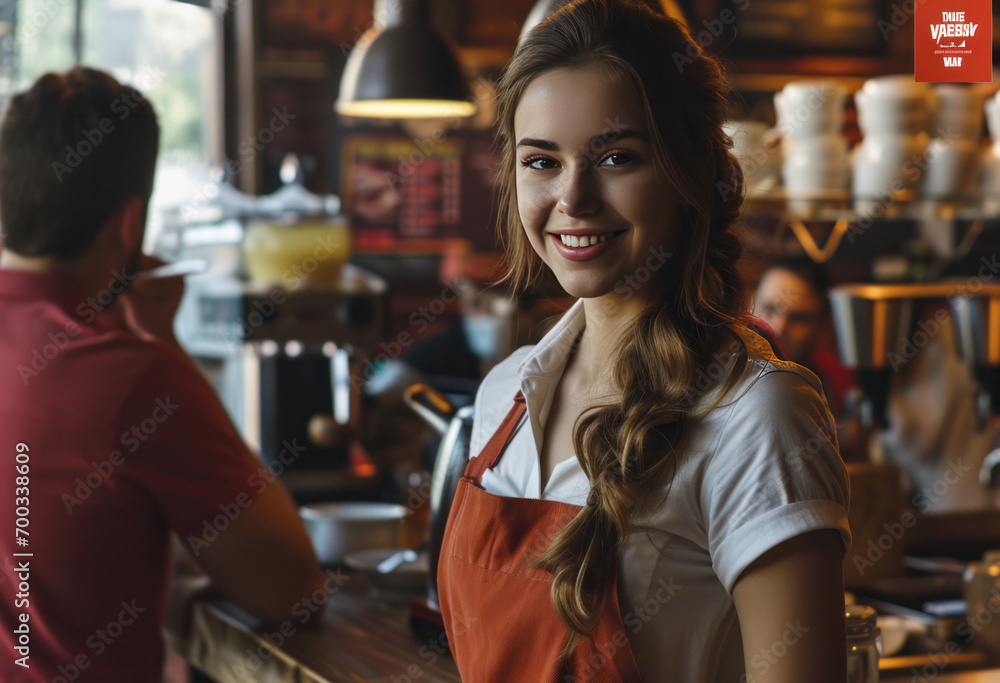 a young female waitress smiling at her customers in a cafe a young female waitress smiling at her customers in a cafe