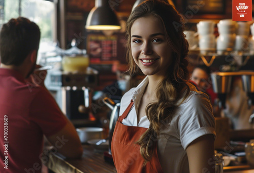a young female waitress smiling at her customers in a cafe
