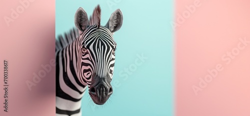 a zebra peeking out of a blue and pink wall