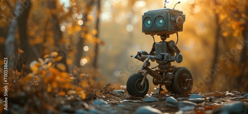 an old robot on a bicycle in the forest