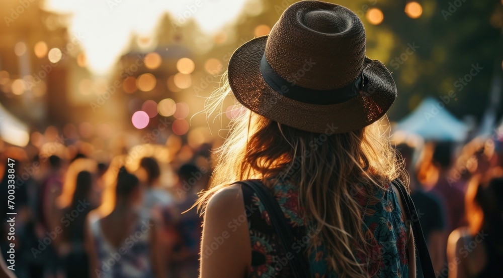 a woman hat overlooks the crowd at a festival