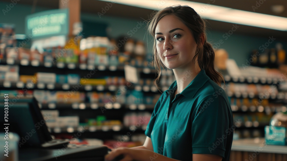 a woman in a polo shirt standing at a register in a store a woman in a polo shirt standing at a register in a store