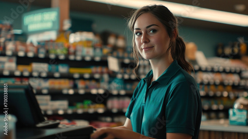 a woman in a polo shirt standing at a register in a store photo