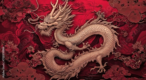 an chinese dragon is shown on a red background