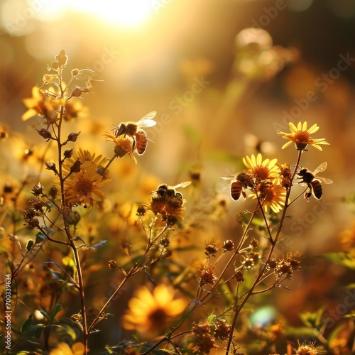 bees gathering flowers in the sunshine © olegganko