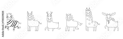 ungulate herbivores animals cartoon flat line for coloring page vector set photo