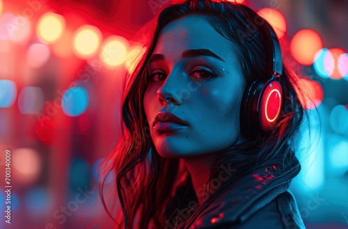 attractive young woman wearing headphones that glow neon red
