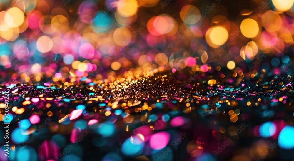 close up of purple, blue and bright golden lights on a glittered background