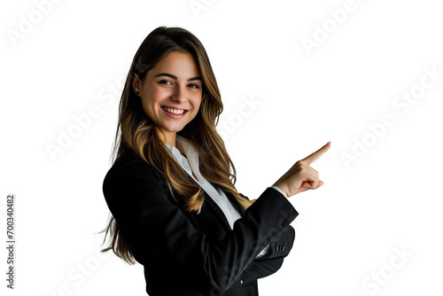 Mulher em fundo branco apontando com o dedo, imagem para publicidade