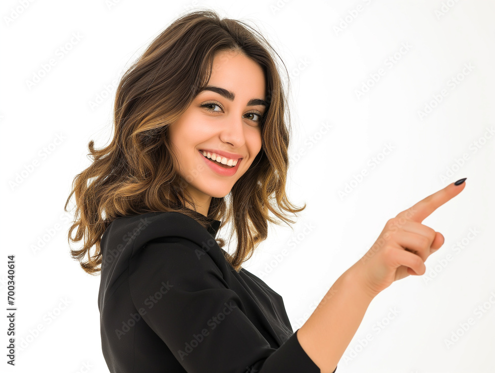 Mulher em fundo branco apontando dedo Mulher em fundo branco apontando dedo