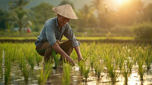 Rice Farmer Tending Field at Sunrise. Generative AI. photo