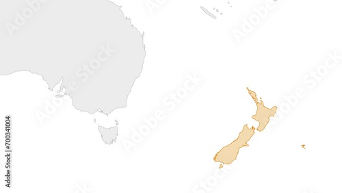 Animation of New Zealand country map on the world map. Animation of map zoom in with border and marking of major cities and capital of the country New Zealand. Background with alpha channel.