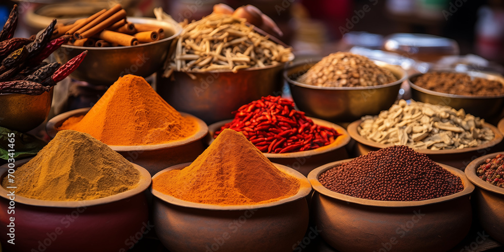 Spice market in India with a lot of bowl of spice and seasoning