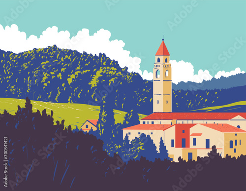 WPA poster art of a village comune in Cerreto Guidi , a Medici town in the Metropolitan City of Florence in Tuscany region of Italy done in works project administration or art deco style. photo