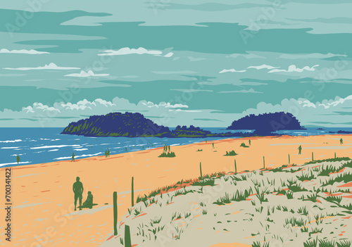 WPA poster art of a white sand surf beach in Mount Maunganui located in Tauranga, Bay of Plenty, New Zealand done in works project administration or federal art project style.
