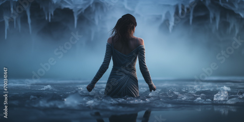 Young beautyful woman take an ice bath in the nature at the lake follow the scandinavian tradition photo