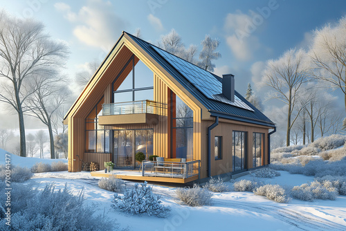 Modern eco friendly passive house with solar panels on the gable roof, in winter landscape © Olivia