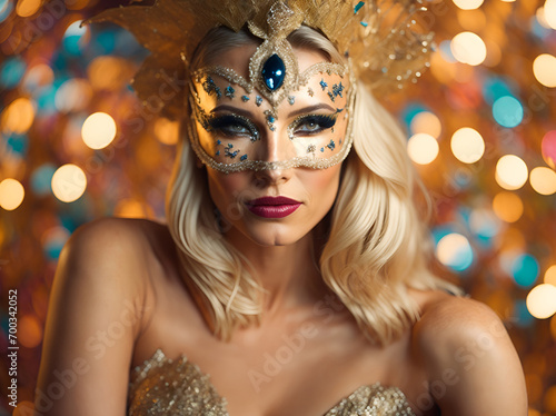 Blonde woman in carnival mask. Portrait of a lady celebrating  Mardi Gras
