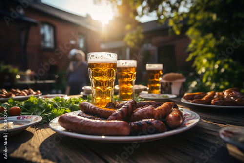 A glass of foamy beer and sausages on a wooden table in the garden in the sun.
