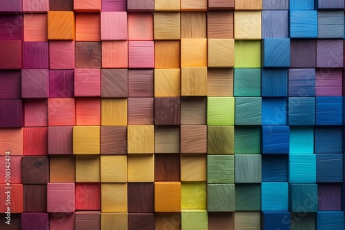 Colorful wooden blocks background. Multicolored wooden cubes in rows. Generative AI