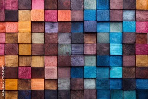 Colorful wooden background. Close up of multicolored wooden cubes. Generative AI