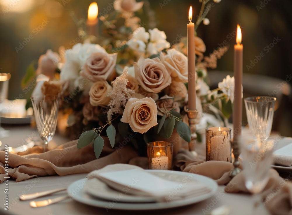 centerpiece with peach roses, candles, linens, plates and cutlery