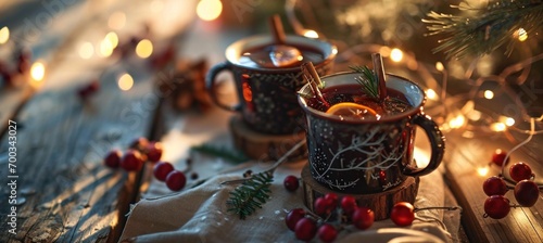 christmas mulled wine with christmas foliage on a wooden table and christmas cloth