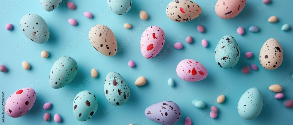 colorful easter eggs laid out around a blue background colorful easter eggs laid out around a blue background