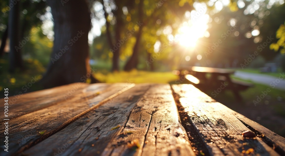 blurred wooden picnic table with barbecue - obrazy, fototapety, plakaty 