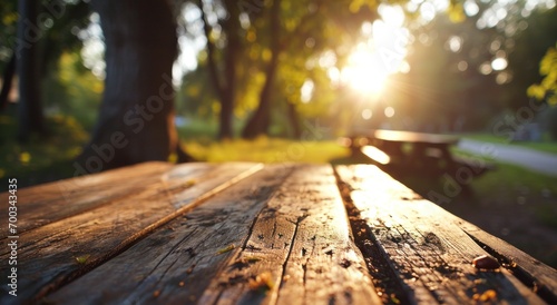 blurred wooden picnic table with barbecue