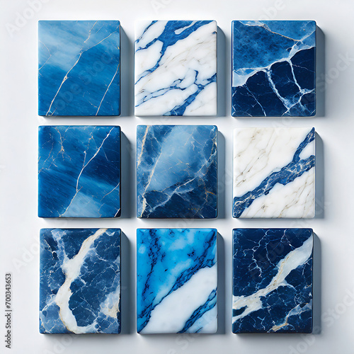 Set of blue marble tiles with natural pattern. 3d render photo