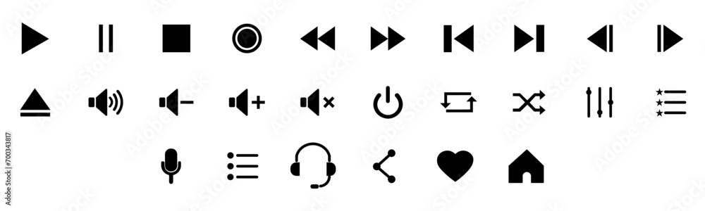 Media player icon set. Collection of multimedia symbols and audio, music speaker, interface, media player button design. Play, pause, stop, record, fast forward, rewind media player vector black icons - obrazy, fototapety, plakaty 