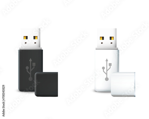Icon set of realistic flash drive or flash drive, open and closed. White and black mockup on a white background - vector illustration eps10