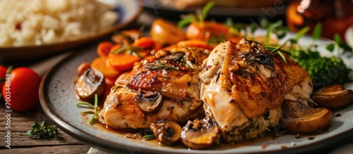 Roasted chicken breasts with mushroom, onion, pepper and cheese stuffing, served with steamed vegetable and rice. photo