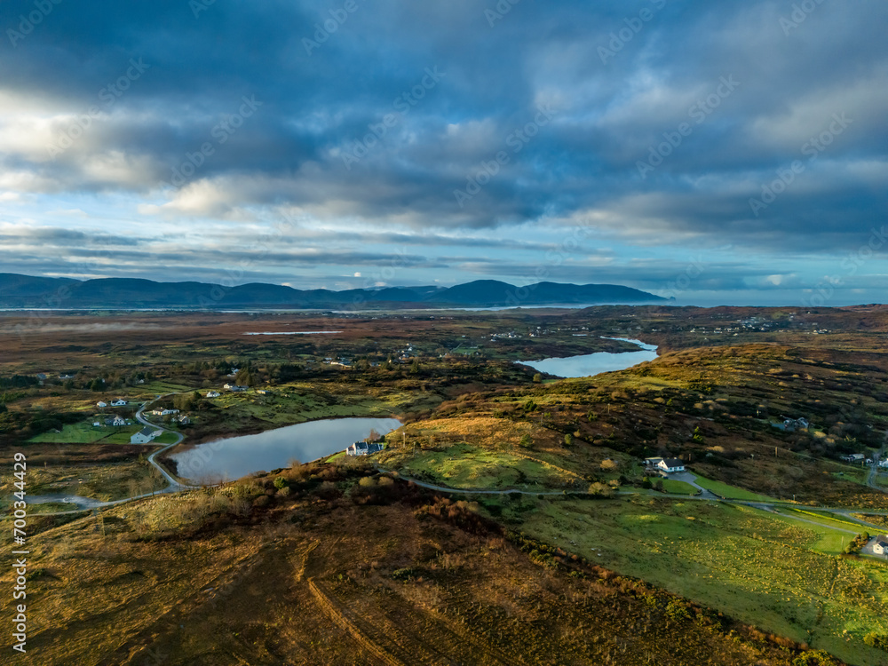 Aerial view of a foggy Bonny Glen by Portnoo in County Donegal - Ireland