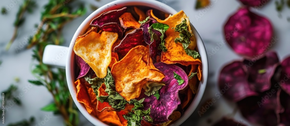 Top view of vegetable chips made from organic potatoes, beets, and carrots in a white glass for snacking. - obrazy, fototapety, plakaty 