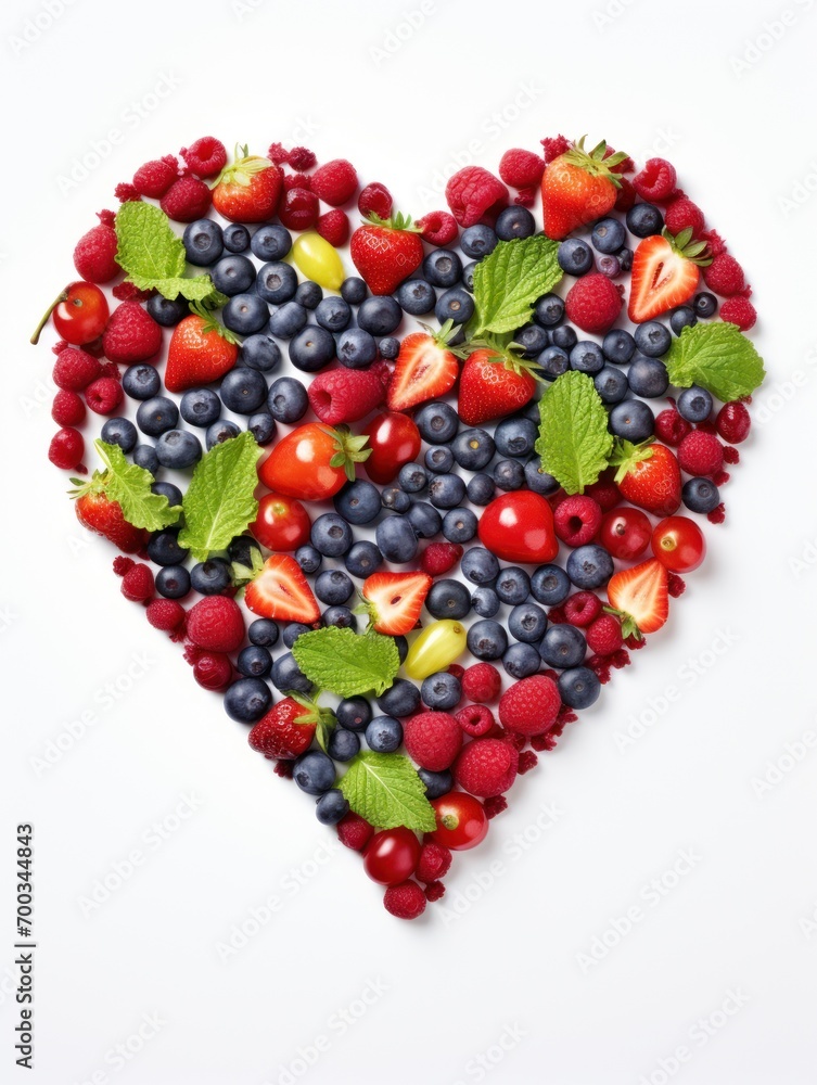 Heart-shaped arrangement of fresh fruits and berries, an artful display promoting proper nutrition, healthy food, and organic products. Heart-shaped arrangement of fresh fruits and berries, an artful display promoting proper nutrition, healthy food, and organic products.
