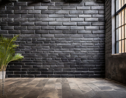 Fototapete black brick wall and wood floor, interior design concept background, vintage ton