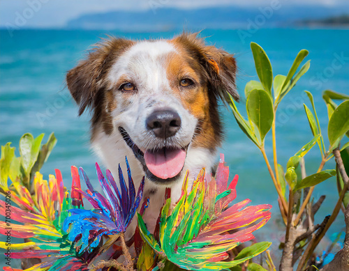 Beagle dog with colorful paint on the beach at sunset in summer photo