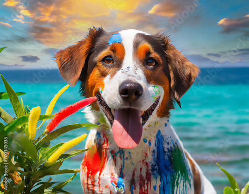 Beagle dog with colorful paint on the beach at sunset in summer