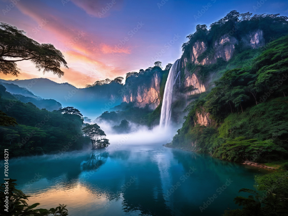 Stunning natural landscape with waterfall and lake in the forest at sunset