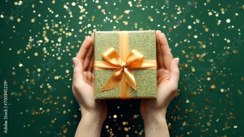 Festive woman hands presenting a stylish gift box adorned with a golden ribbon, set against a vibrant green background scattered with confetti.  photo