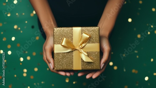 Festive woman hands presenting a stylish gift box adorned with a golden ribbon, set against a vibrant green background scattered with confetti. photo