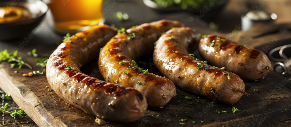 Sausage with beer and mustard. Sausage with beer and mustard.