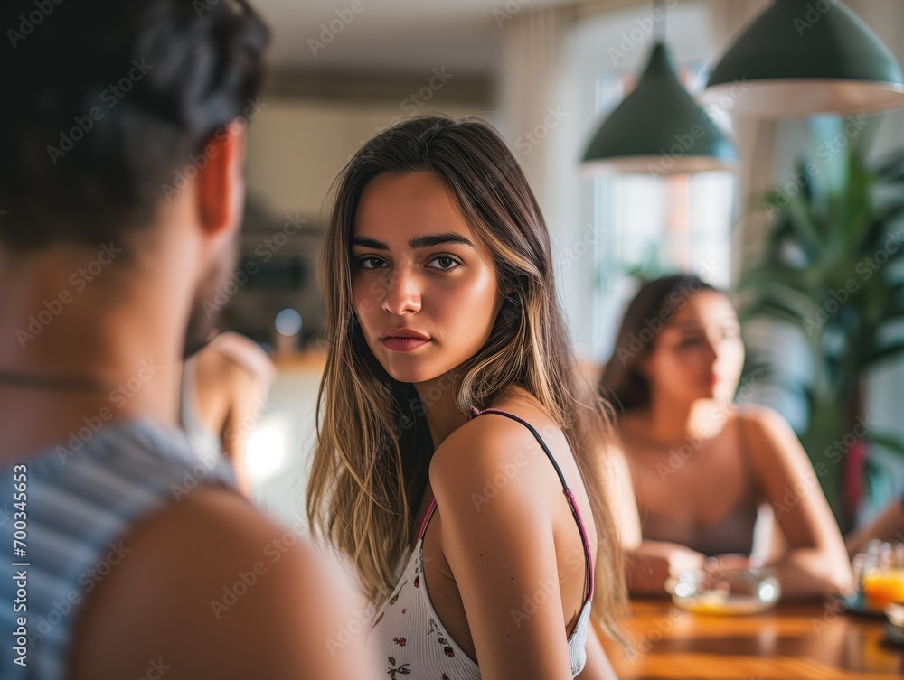 Namorada olha desconfiada de traíção no seu relacionamento. Namorada olha desconfiada de traíção no seu relacionamento.