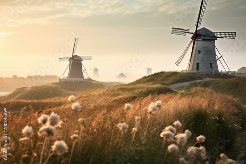 Windmills on Danish coast with sand dunes and lyme grass. Generative AI