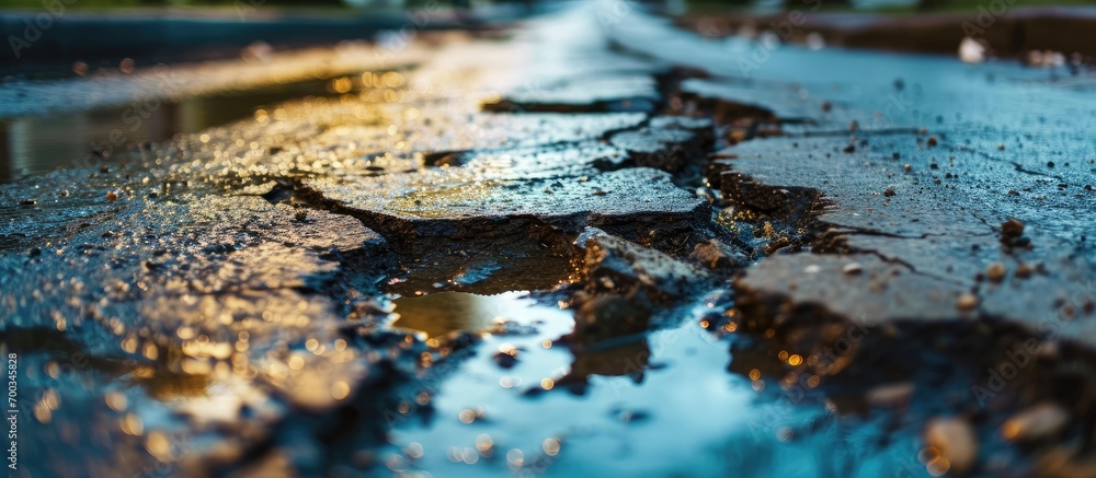 Damaged road with potholes and water. Damaged road with potholes and water.