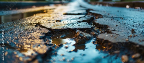 Damaged road with potholes and water.