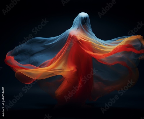 Woman ghost sheet in red, blue and yellow colors dancing against dark background, long exposure 