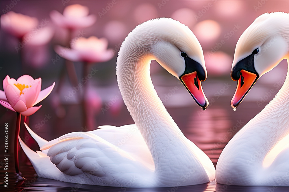 Naklejka premium Two swans together forming a heart with their necks, floating in a serene lake surrounded by water lilies and soft shades of pink and mauve, animals concept, generative ai